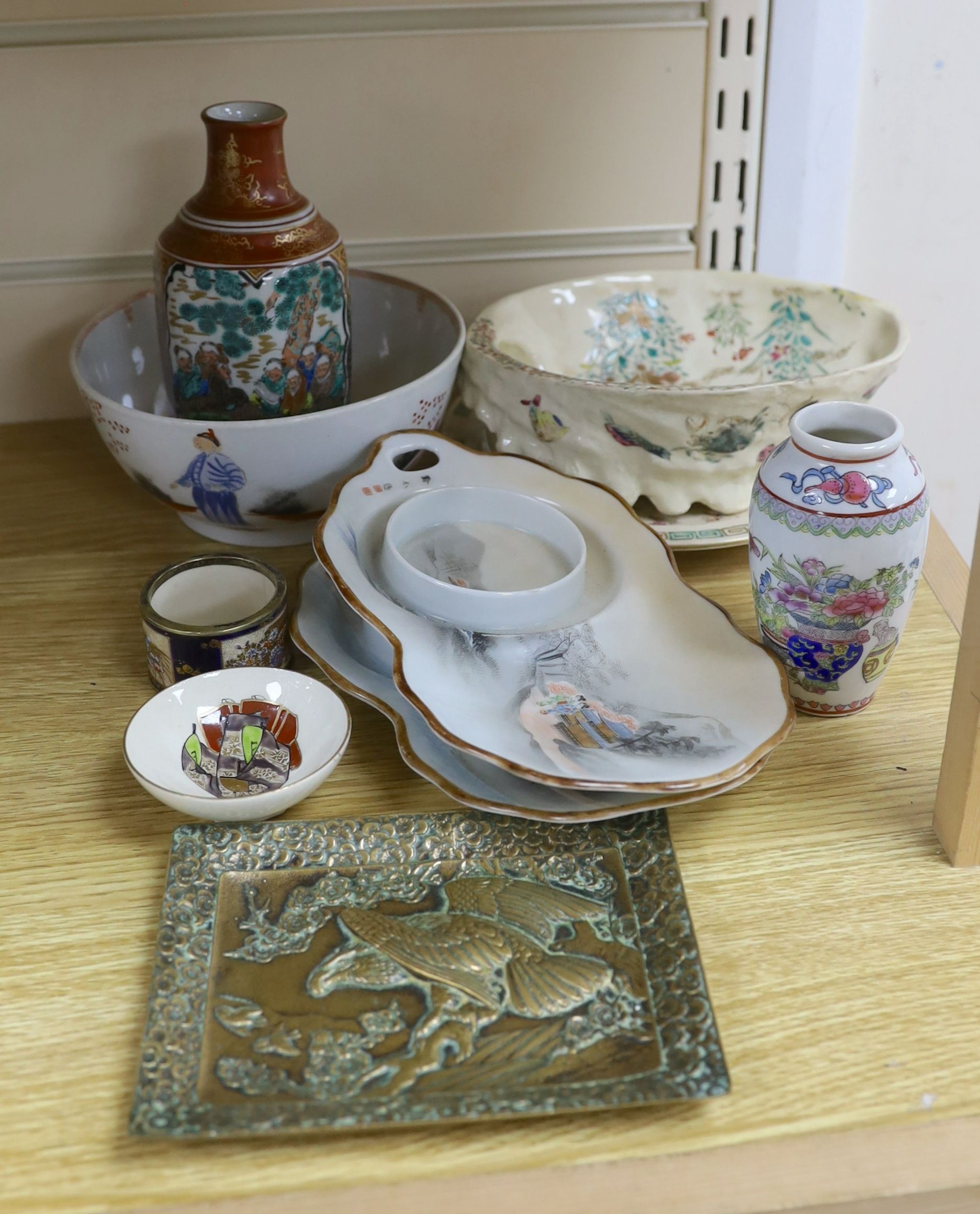 Assorted Japanese and Chinese items including a Japanese bronze square dish